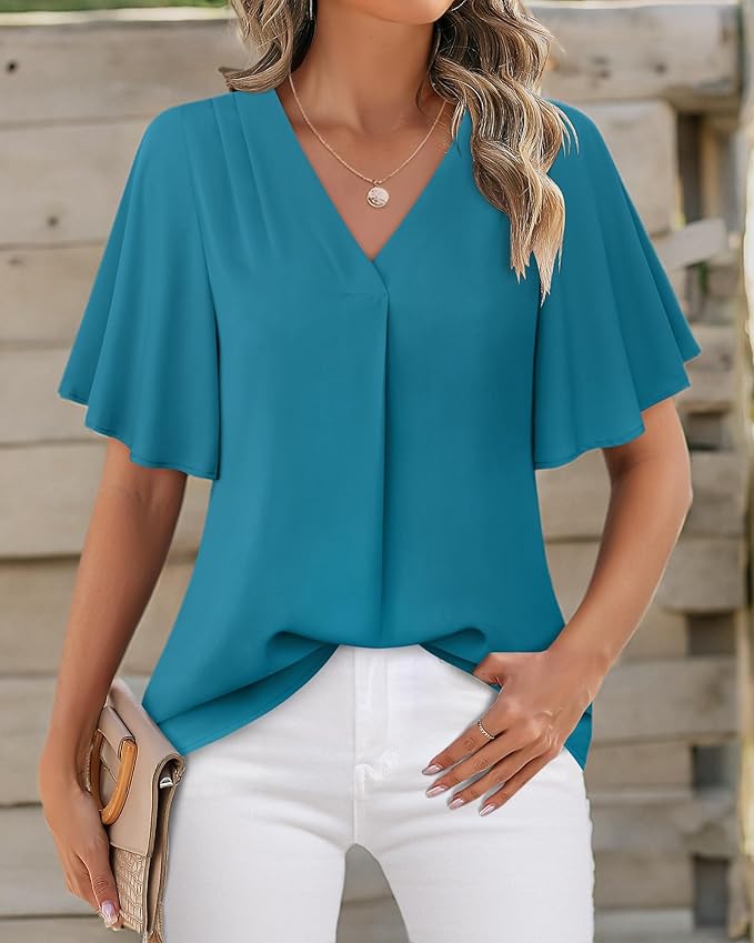 Timeson Women's V Neck Chiffon Blouse Ruffle Sleeve Ladies Work Shirts