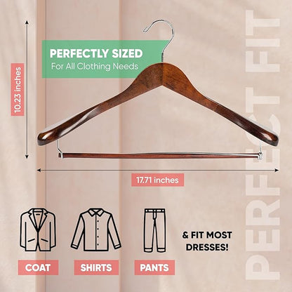 Suit Hangers for Men 6 Pack Wide Shoulder Hanger Smooth Finish Wooden Suit Hanger for Men and Women Coat Hangers 360 Swivel for Dress Jacket Non Slip Pant bar with Locking bar