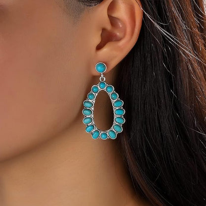 Boho Turquoise Oval Drop Dangle Earrings for Women Beaded Western Flower Teardrop Earrings Vintage Ethnic Alloy Pendant Jewelry Gift