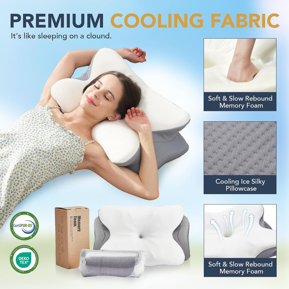 Coperat Cervical Pillow for Neck and Shoulder Pain Relief Contour Pillow Ergonomic Neck Support Pillow for Side Back Stomach Sleepers with Cooling Pillowcase, White&Grey