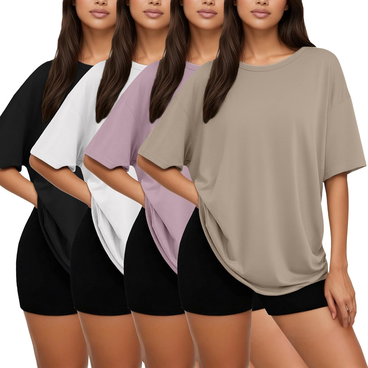 4Pack Oversized Tshirts for Women, Loose Fit Crew Neck Summer Baggy Tops Workout Tees Plus Size T Shirts
