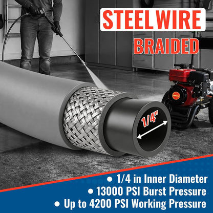 YAMATIC Non Marking 1/4" 4200 PSI Pressure Washer Hose 50 FT for Hot/Cold Water Rubber Wire Braided, Kink Resistant Swivel Quick Connection, Industry Grade for Power Washer, Super Wear Resistant