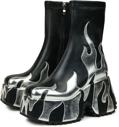 Size 7, HiColor Women's Red Flames Printing Chunky Sole Boots, Ankle-High, Zipper Closure, Round Toe, Platform Heel, All-Season, Women's Casual Boots.