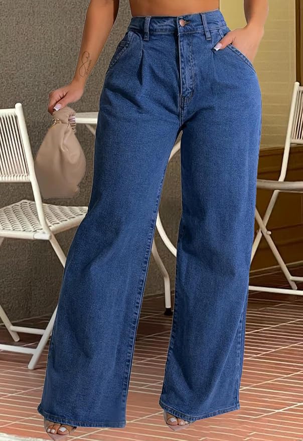 Light blue In Color, ZERMOM Women's Wide Leg Jeans Casual Stretch High Rise Baggy Loose Denim Pants