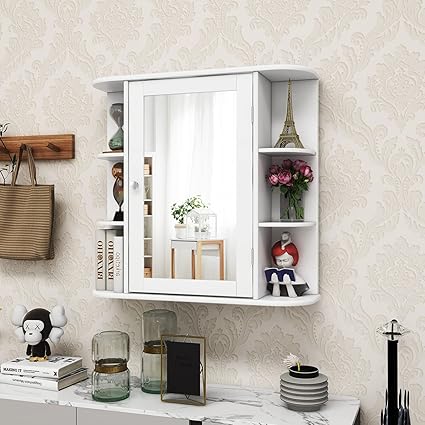 ARLIME Bathroom Mirror Cabinet, Wall Mounted Medicine Cabinet, Single Door Storage Organizer with 4 Internal Shelves and 6 Open Racks, Space Saver Wooden Hanging Cabinet, White