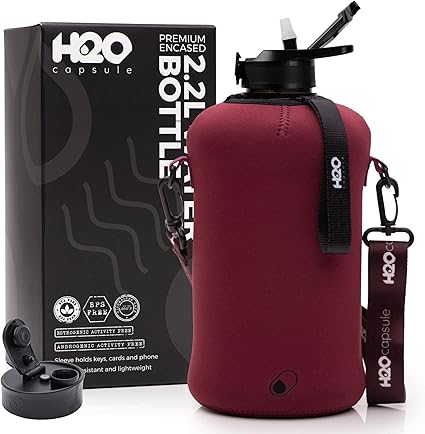 H2O Capsule 2.2L Half Gallon Water Bottle with Storage Sleeve and Covered Straw Lid  BPA Free Large Reusable Drink Container with Handle - Big Sports Jug, 2.2 Liter (74 Ounce)