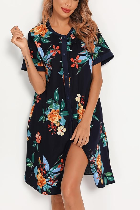 YOZLY House Dress for Women Short Sleeve House Coats Dusters Robe Moomoo nightgowns with Pockets
