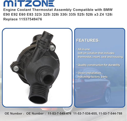 MITZONE Engine Coolant Thermostat Assembly Compatible with BMW E90 E92 E60 E83 323i 325i 328i 330i 335i 525i 528i x3 Z4 128i Replace 11537549476