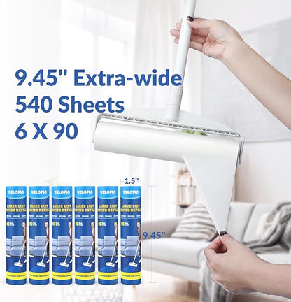 Lint Roller Refills - DELOMO Large Lint Roller Refill (6 Packs 540 Sheets) for Lint Remover, 9.45 in Pet Mega Extreme Stick Refill for Floor Roller, Cleaning for Carpets, Cars, Clothing, and Pet Hair