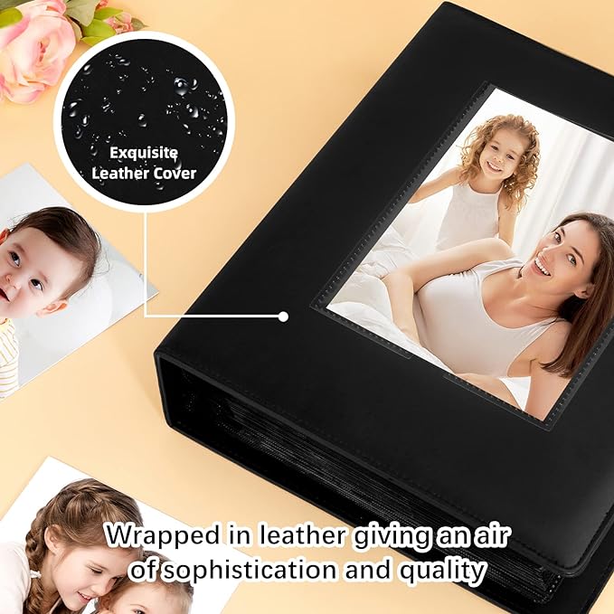 Aevdor 272 Pockets Photo Album 5x7 Holds 272 Photos, Extra Large Capacity Leather Cover 5x7 Photo Album with Front Window for Family Wedding Baby Pictures, 5x7 Photo Book with Black Inner Pages, Black
