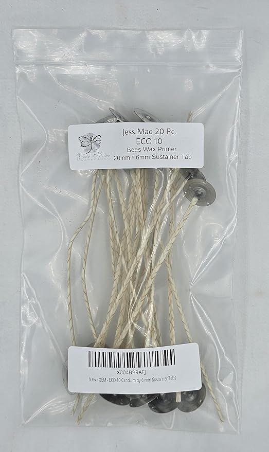 ECO 10 Candle Wicks - 20 Pcs. - Bees Wax Primer - 6 Inches - 20 mm by 6 mm Sustainer Tabs