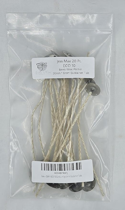 ECO 10 Candle Wicks - 20 Pcs. - Bees Wax Primer - 6 Inches - 20 mm by 6 mm Sustainer Tabs