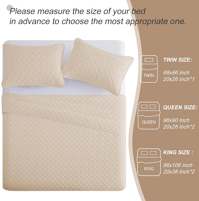 Exclusivo Mezcla Soft Quilt Set Queen Full Size, 3 Pieces Lightweight Quilts Brich Beige Bedspreads Coverlets Bedding Set for All Seasons, Weave Pattern