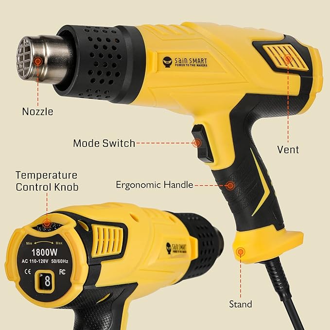 SainSmart Heat Gun, 1800W, Variable Temperature Control 120 F-1202 F, Fast Heat Hot Air Gun Soldering, with 4 Nozzles for Crafts, Epoxy Resin, Shrinking tubes, Stripping Paint, and Shrink Wrapping