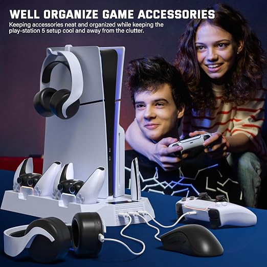 PS5 Slim Cooling Station with Controller Charging Station for PlayStation 5 Console Slim&Standard Disc/Digital, PS5 Cooling Stand Accessories with Cooler Fan/3 USB Hubs/Media&Headset Holder/Screw