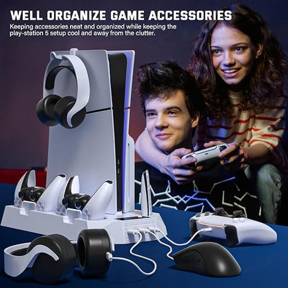 PS5 Slim Cooling Station with Controller Charging Station for PlayStation 5 Console Slim&Standard Disc/Digital, PS5 Cooling Stand Accessories with Cooler Fan/3 USB Hubs/Media&Headset Holder/Screw