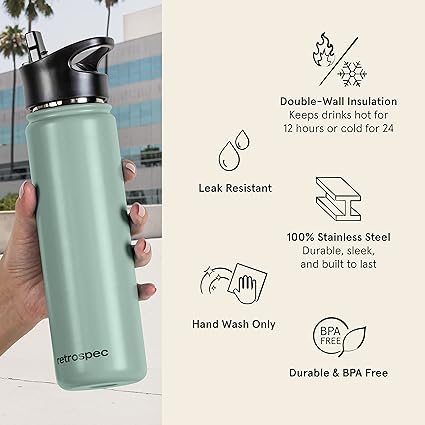 Retrospec Alder Insulated Water Bottle with Straw Lid  Handle Cap - Stainless Steel Wide Mouth Double-Wall Vacuum Insulated Thermos - BPA Free Leakproof Canteen