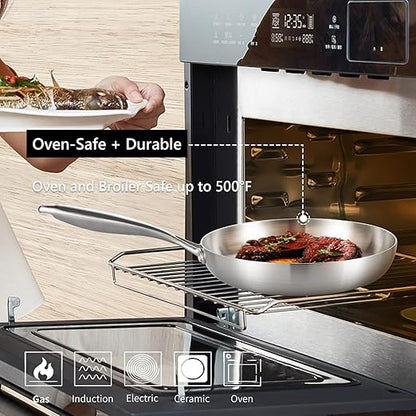 LOLYKITCH 12 Inch Tri-ply 18/8 Stainless Steel Chef's Pan,Frying Pan with Lid,Skillet,Induction Cooking Pan,Pot and Pan Set,Dishwasher and Oven Safe,Detachable Handle.