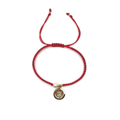 Handwoven Red Thread with Saint Michael Archangel Medal and Cultured Fresh Water Pearl - Catholic Protection Bracelet Adjustable Size for Women