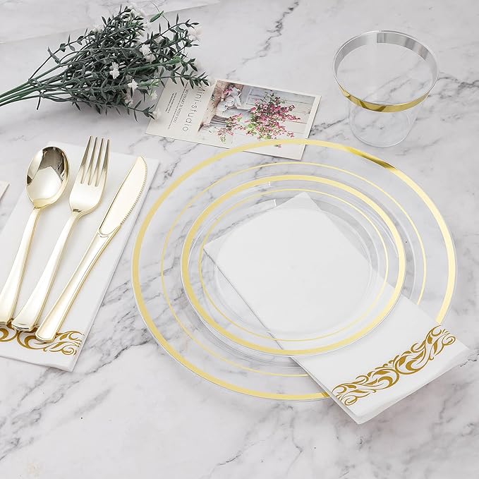 100PCS Clear Plastic Plate, 7 Inch Disposable Dessert Plate Party with Gold Rim, Heavy Duty Disposable Plastic Plates for Party, Wedding and Birthday