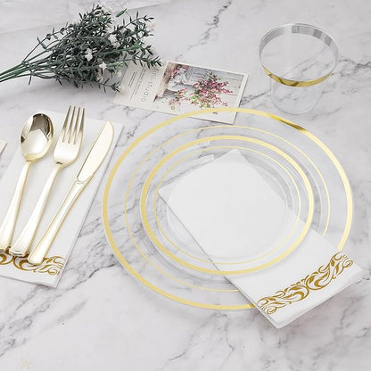 100PCS Clear Plastic Plate, 7 Inch Disposable Dessert Plate Party with Gold Rim, Heavy Duty Disposable Plastic Plates for Party, Wedding and Birthday
