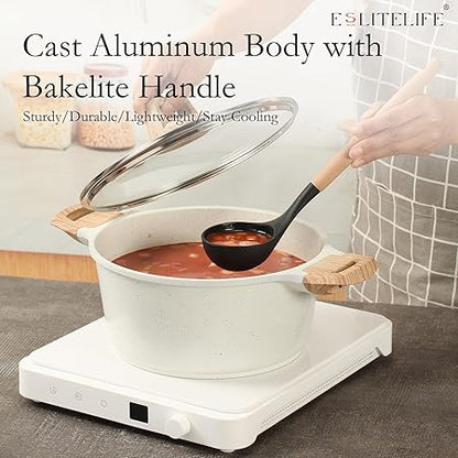 ESLITE LIFE Nonstick Stock Pot with Lid, 5 Quart Granite Casserole Large Soup Pot Pasta Cooking Pot, Induction Compatible, PTFE  PFOA Free, White