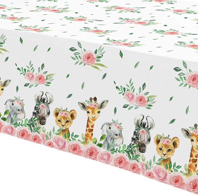 Safari Tablecloth for Girls - Disposable Jungle Party Tablecover Supplies, Jungle Animal Safari Theme Birthday Baby Shower Table Cloth Decorations - 4 Pack (54in x 108in)