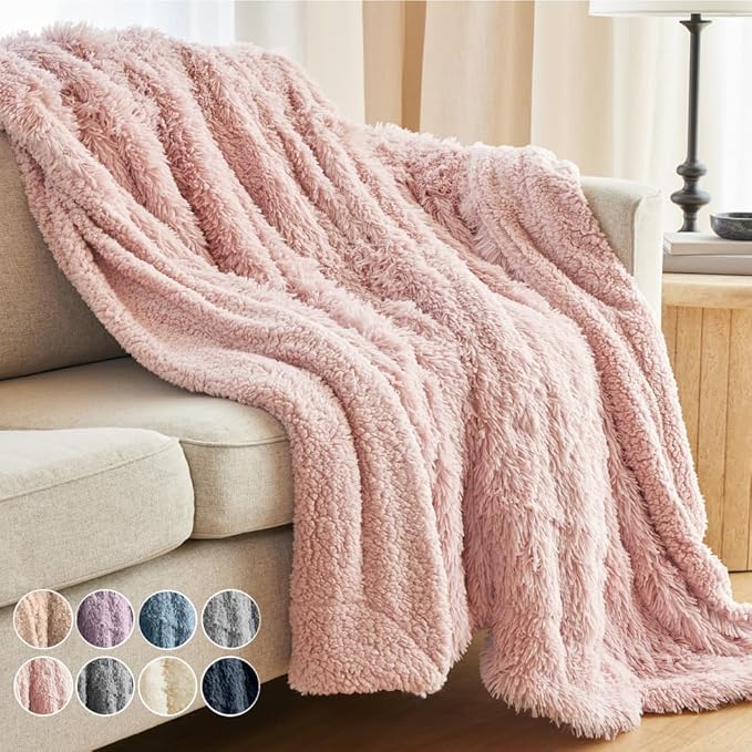 The Connecticut Home Co Throw Blanket for Couch, Soft Luxury Home Decor Shag and Sherpa, Cozy Warm Throws for Bed, Gift for Women, Bedding Accent Blankets for Sofa Beds Chair, 65x50, Dusty Rose