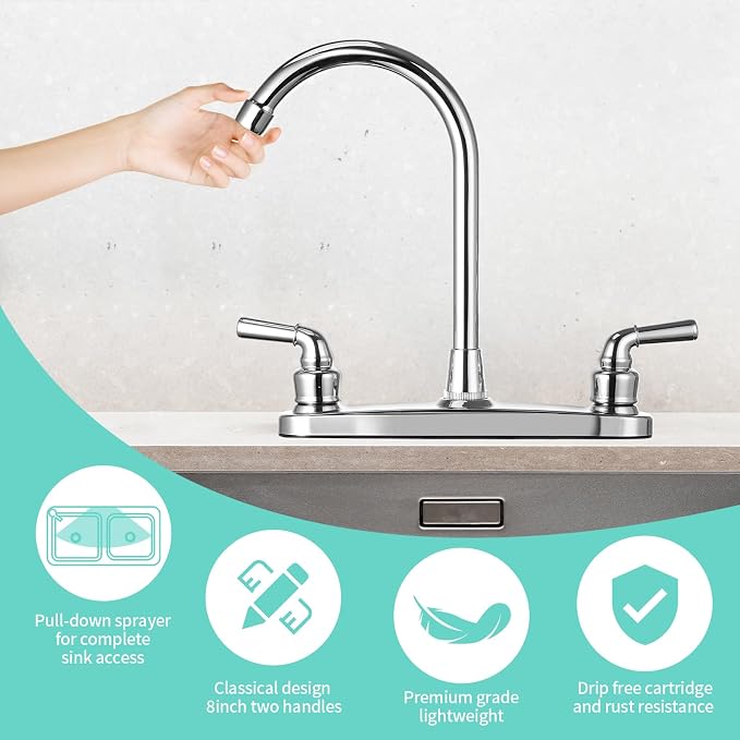RV Non-Metallic Kitchen Faucet Two Handle-8" Main Body-High Arch-360 Swivel Replace for Motorhomes, Travel Trailers,Campers (8" HIGH Arch)
