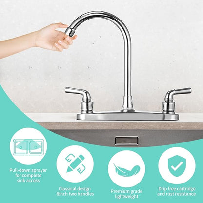 RV Non-Metallic Kitchen Faucet Two Handle-8" Main Body-High Arch-360 Swivel Replace for Motorhomes, Travel Trailers,Campers (8" HIGH Arch)