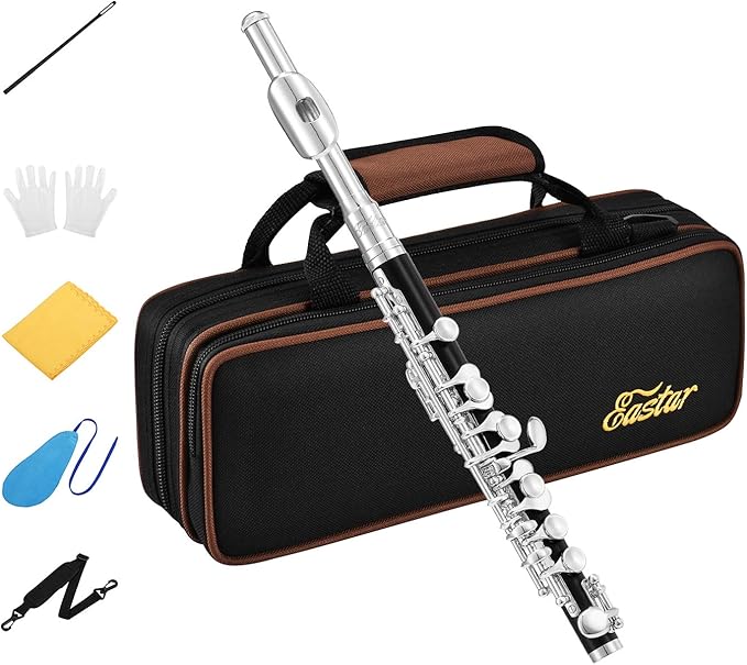 Eastar Piccolo Instrument for Beginners Students, Key of C Piccolo Flute, Resin, with Hard Case, Cleaning Rod, Cloth, Swab and Gloves, 2-Piece, Silver Plated Piccolo, Black, EPC-3S