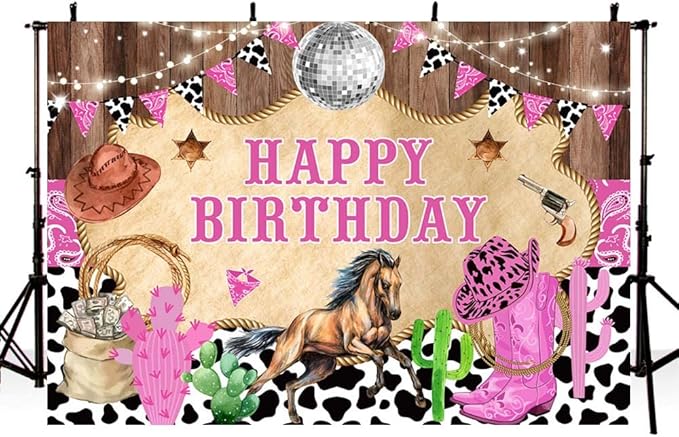 7x5ft Western Cowgirl Birthday Backdrop Rustic Western Rodeo Photography Background - Disco Party Decor Poster Studio Accessories