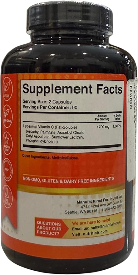 NutriFlair Liposomal Vitamin C, 180 Capsules - High Absorption, Fat Soluble VIT C, Antioxidant Supplement, Higher Bioavailability Immune System Support  Collagen Booster, Non-GMO, Vegan Pills