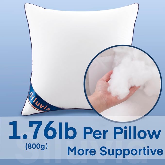 Siluvia 20"x20" Pillow Insert Set of 1 Decorative Square Square Throw 20 Pillows with 100% Cotton Cover for Sofa, Couch, and Bed - White
