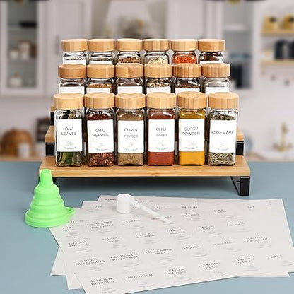 36 Pack 4 oz Glass Spice Jars with Bamboo Lids, Empty Square Spice Containers with 319 BlankPrinted Spice Labels, Collapsible Funnel for Kitchen Cabinet, Spice Rack
