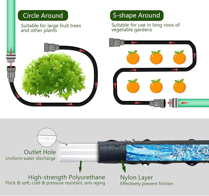 Flat Soaker Hose, Garden Hose with Heavy Duty Double Layer Design, Drip Irrigation Hose Saves 80% Water, Leak Proof Sprinkler Hose for Garden, Lawn, Vegetable plot (50FT)