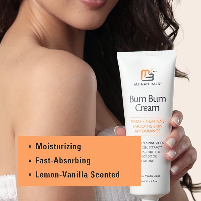 Bum Bum Cream with Lemon Vanilla Scent 2-in-1 Skin Care Cellulite Cream and Massage Lotion - Non-Greasy Skin Tightening Cream for Firm Butt, Belly & Thighs with Cupua?ßu Collagen and Caffeine - 8 Fl Oz