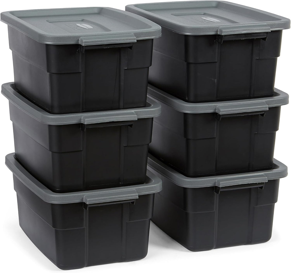 Rubbermaid 3-Pack Heavy Duty Durable 3 GAL Totes for Storage with Snap Lids and Handles, Plastic Storage Bins Stackable Black Gray for Home and Garage (3 GAL - 3 Pack Solid Black and Grey)