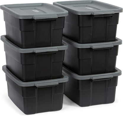 Rubbermaid 3-Pack Heavy Duty Durable 3 GAL Totes for Storage with Snap Lids and Handles, Plastic Storage Bins Stackable Black Gray for Home and Garage (3 GAL - 3 Pack Solid Black and Grey)
