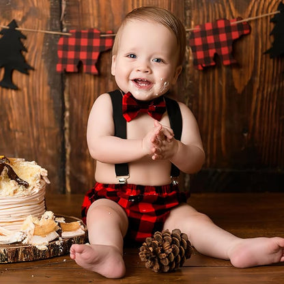Lumberjack Cake Smash Outfit for Baby Boys Wild One Birthday Party,Diaper Cover Bloomer Bow Tie Suspenders Boys 1st Birthday Buffalo Plaid Milestone Photoshoot Supplies