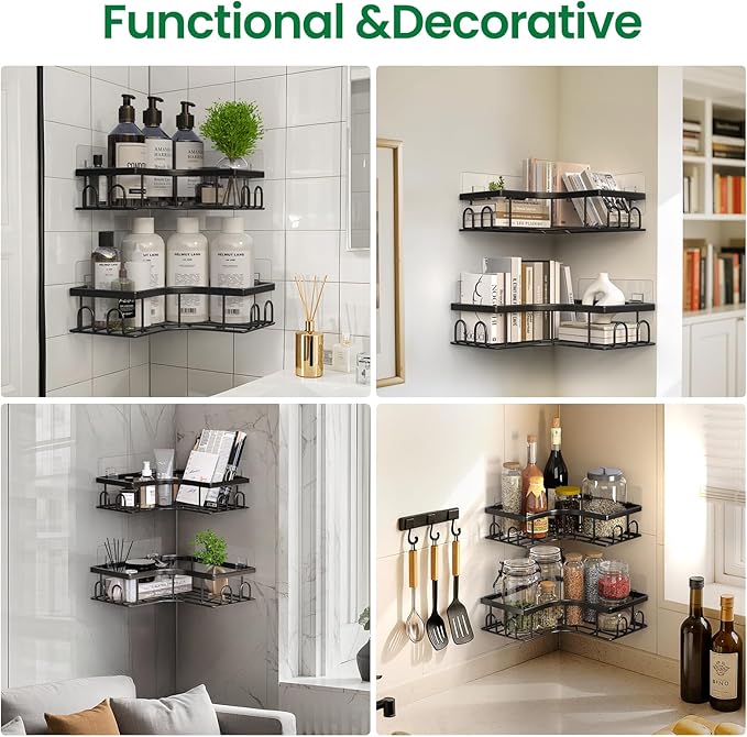 Adhesive Shower Caddy, 2 Pack Corner Bath Organizer, Rustproof Stainless Steel Shower Shelves with Large Capacity, No Drilling Shelves for Bathroom Storage, Home, Kitchen Decor