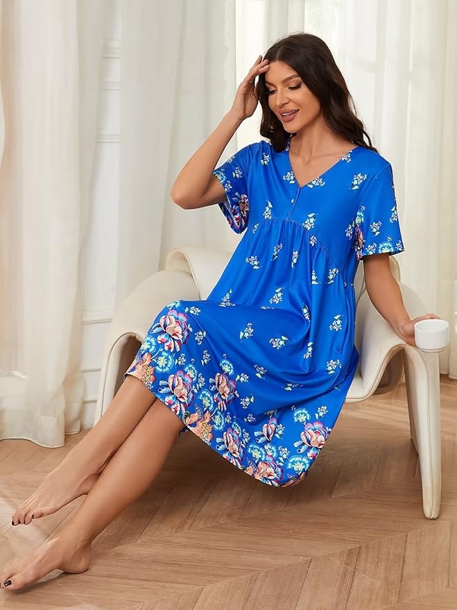 Womens House Dress Floral Print Nightgown with Pockets Mumu Dress S-3XL
