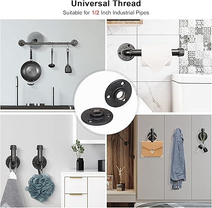 NearMoon Industrial Pipe Floor Flange, Heavy Duty Malleable Iron Pipe Fittings, Black Wall Mounted Vintage DIY Threaded Flange(2 Pack, DN15-12 Inch)