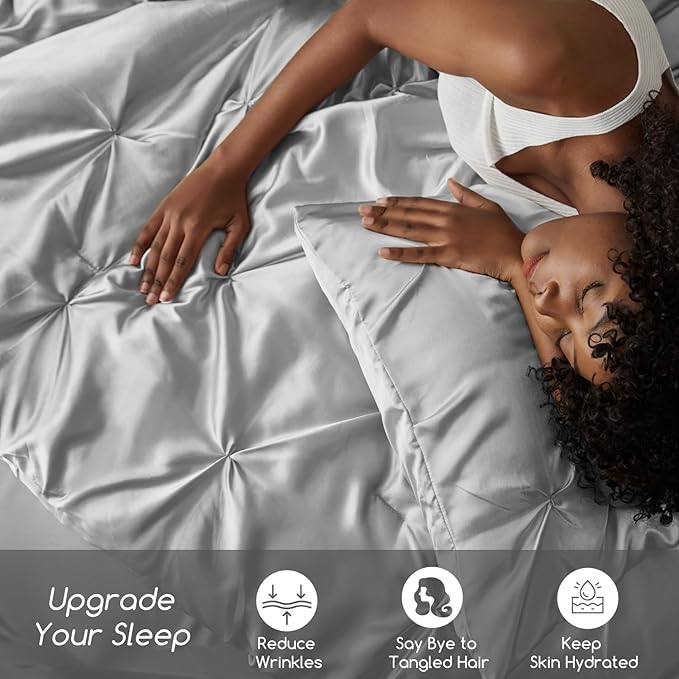 MR&HM Satin Comforter Queen 7 Pieces - Luxurious Pinch Pleat Bedding Set with Comforter, Flat Sheet, Fitted Sheet, Pillowcases & Shams, Super Silky Soft Bed Set for All Season (Queen, Silver Grey)