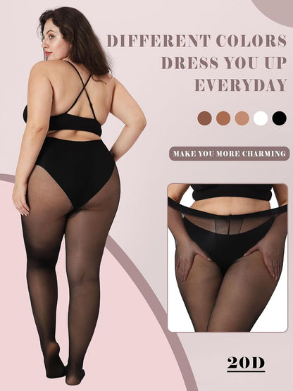 Plus Size Sheer Black Tights for Women T-Crotch 20D Ultra Thin Pantyhose High Waist Stockings 2 Pairs (Open Box)