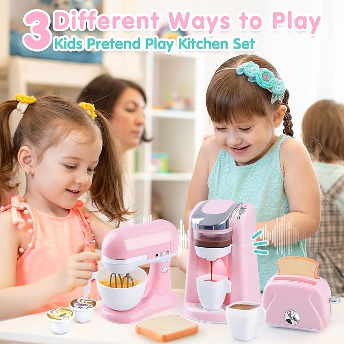 Kitchen Appliances Toys Playset Accessories for Toddlers Ages 3+, Pink | Toy Coffee Maker for Kids, Pretend Play Kitchen Set with Mixer & Toaster, Realistic Lights & Sounds, Ages 3+