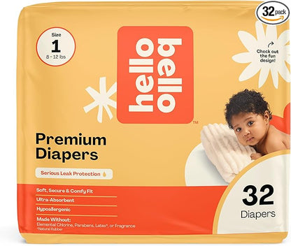 Hello Bello Diapers, Size 1 (8-12 lbs) Flower Child, 32 Count of Premium Disposable Baby Diapers, Hypoallergenic with Soft, Cloth-Like Feel