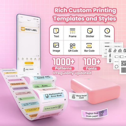 vretti Label Maker Machine with Tape, HP2 Portable Bluetooth Label Printer for Storage, Shipping, Barcode, Office, Home, Organizing Mini Sticker Label Maker with Multiple Templates (Pink)