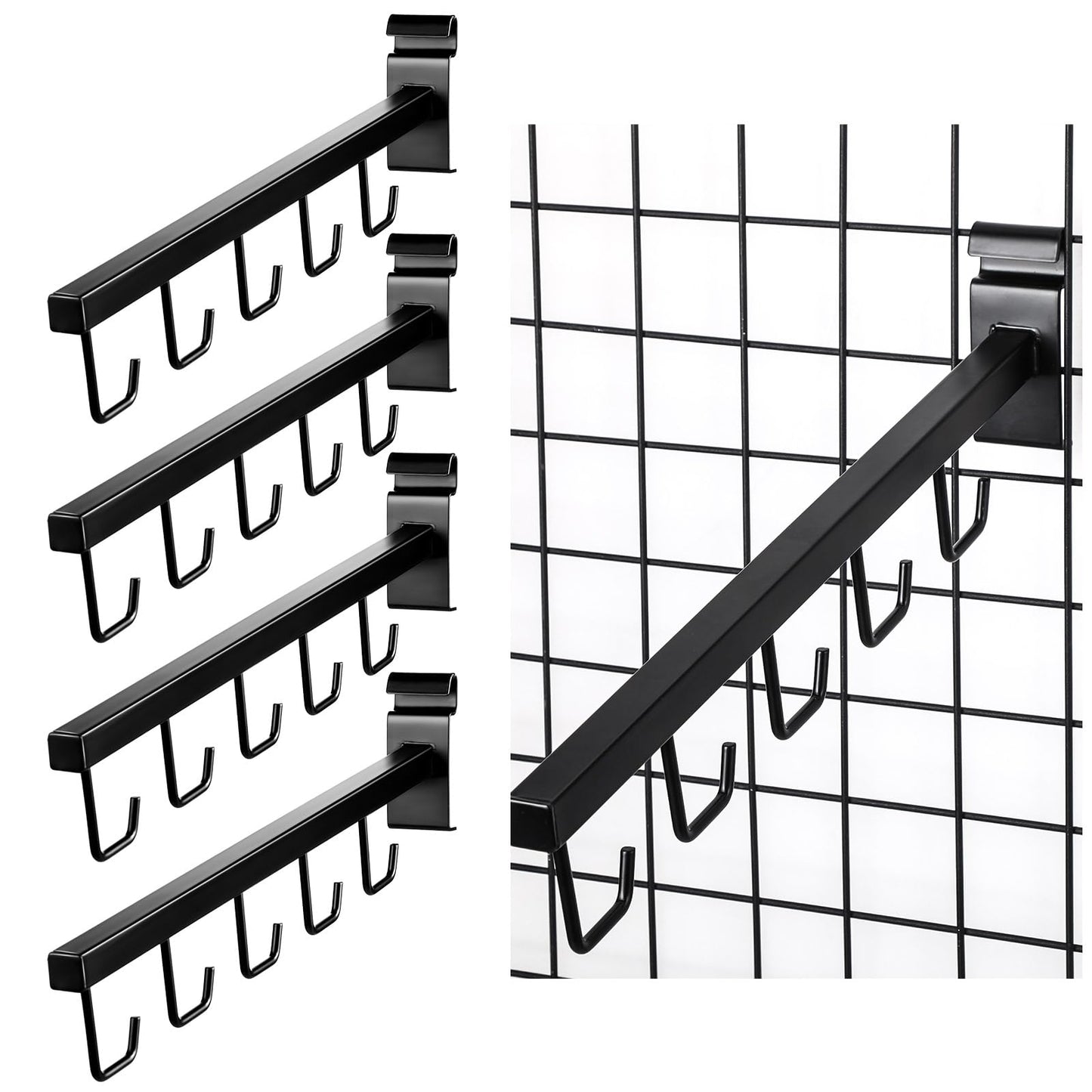 Qunclay 5 Packs Wire Grid Waterfall Faceout with 5 Hooks for Gridwall, J Hook Gridwall Hooks Square Tube Fixture for Grid Wall Totes Bag Merchandising Accessories Display 15.7 Inch(Black)