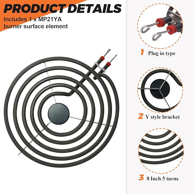 Beaquicy MP21YA Burner Surface Element 8 Inch 5 Turns,Suitable for Whirlpool Maytag Kenmore rp111pxsq1, kf330add1,xfc31050ab,rf264lxsb,etc.